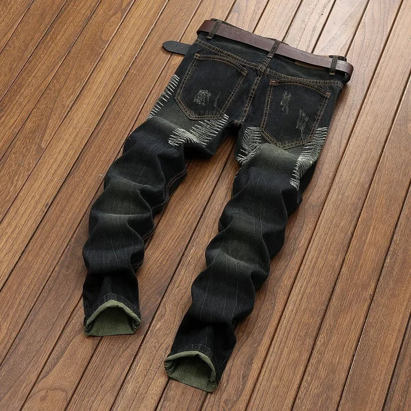 New Men's Ripped Vintage Jeans Straight Denim Trousers Male Distressed Personalized Motorcycle High Street Spliced Jeans Pants