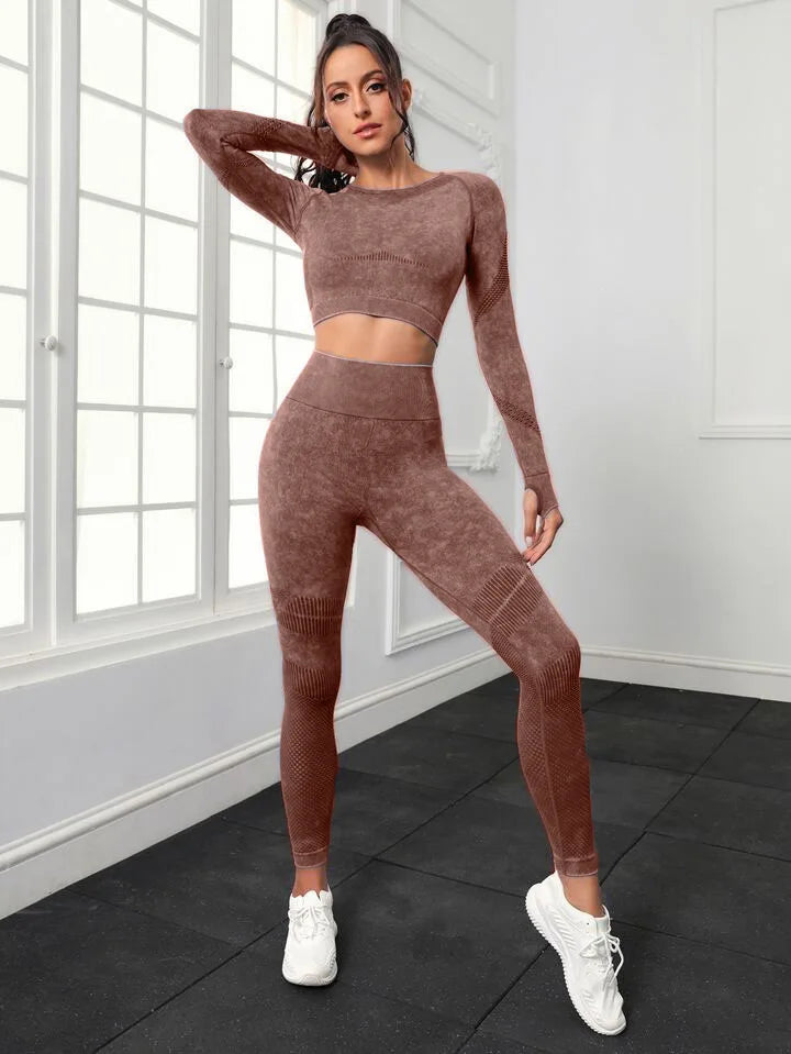 Mileegirl 2pcs Gym Sets Women Seamless Sports Pants Hollow Out Long sleeves Top Fitness Winter Fall Workout Legging Warm Outifts