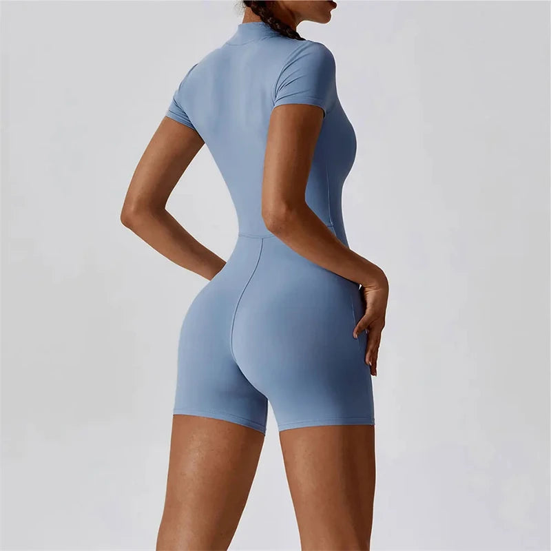 Customized Women's One-Piece Suit Zipper Short Sleeve Gym Push Up Workout Rompers Fitness Short Bodysuit Sportswear Playsuits