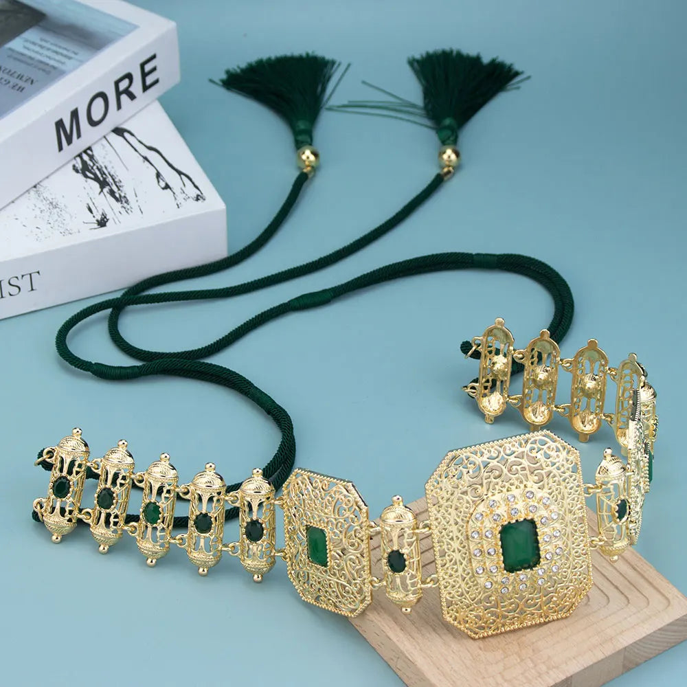 Sunspicems Gold Color Moroccan Caftan Belt Arabic Hand Rope Waist Chain Adjustable Length Women Belt Tassel Metal Body Jewelry