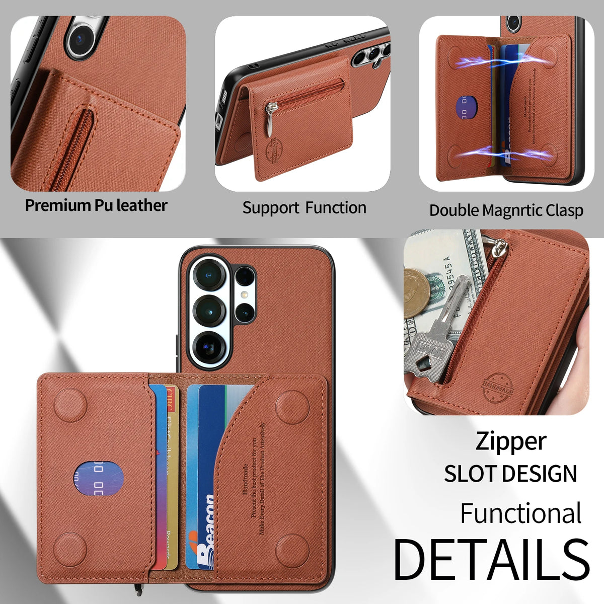 Zipper Cards Wallet Leather Phone Case For Samsung Galaxy S26 S24 S23 S22 Ultra Plus S23 S26 S25FE Purse Card Holder Stand Cover
