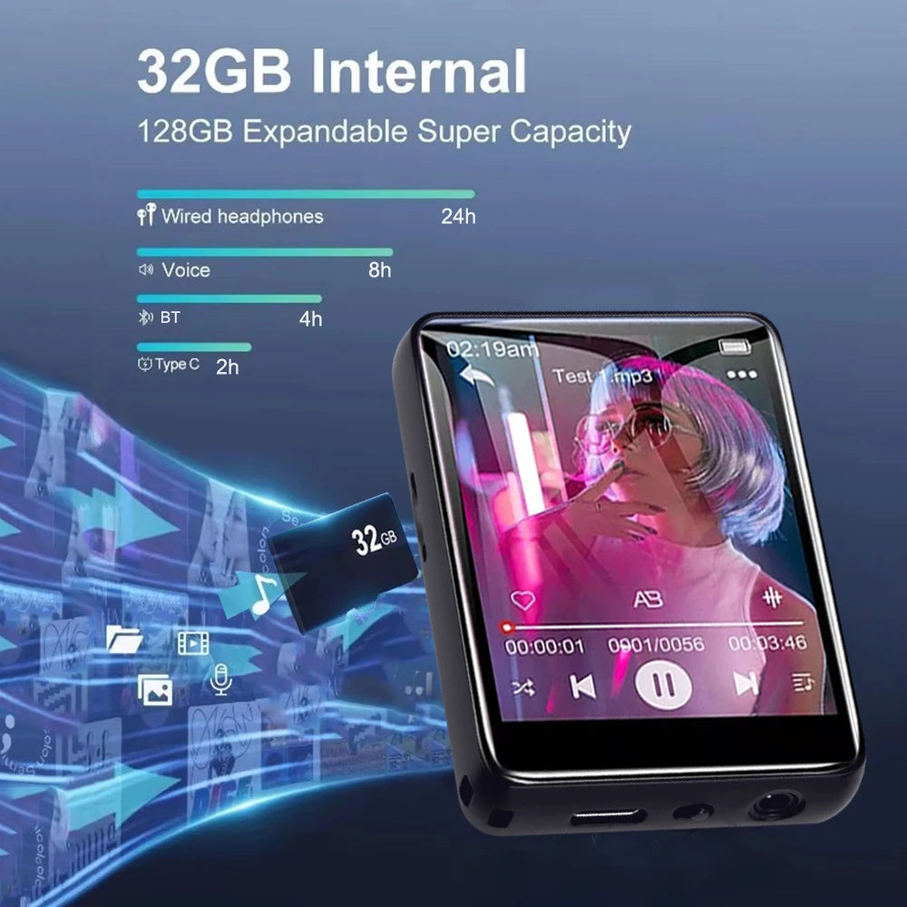 2026 New Bluetooth 5.4 Touch Screen MP3 Player HiFi Lossless Music Play Built-in Speaker 32GB Support Recording E-Book