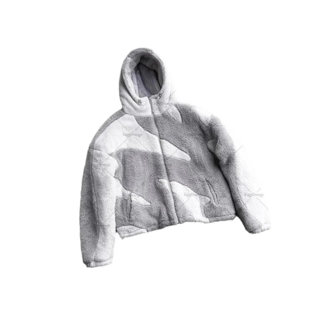 Street Wear Men's and Women's Zipper Hooded Men's Wool Jacket Autumn Winter American Retro Lamb Wool Splicing Windproof Jacket