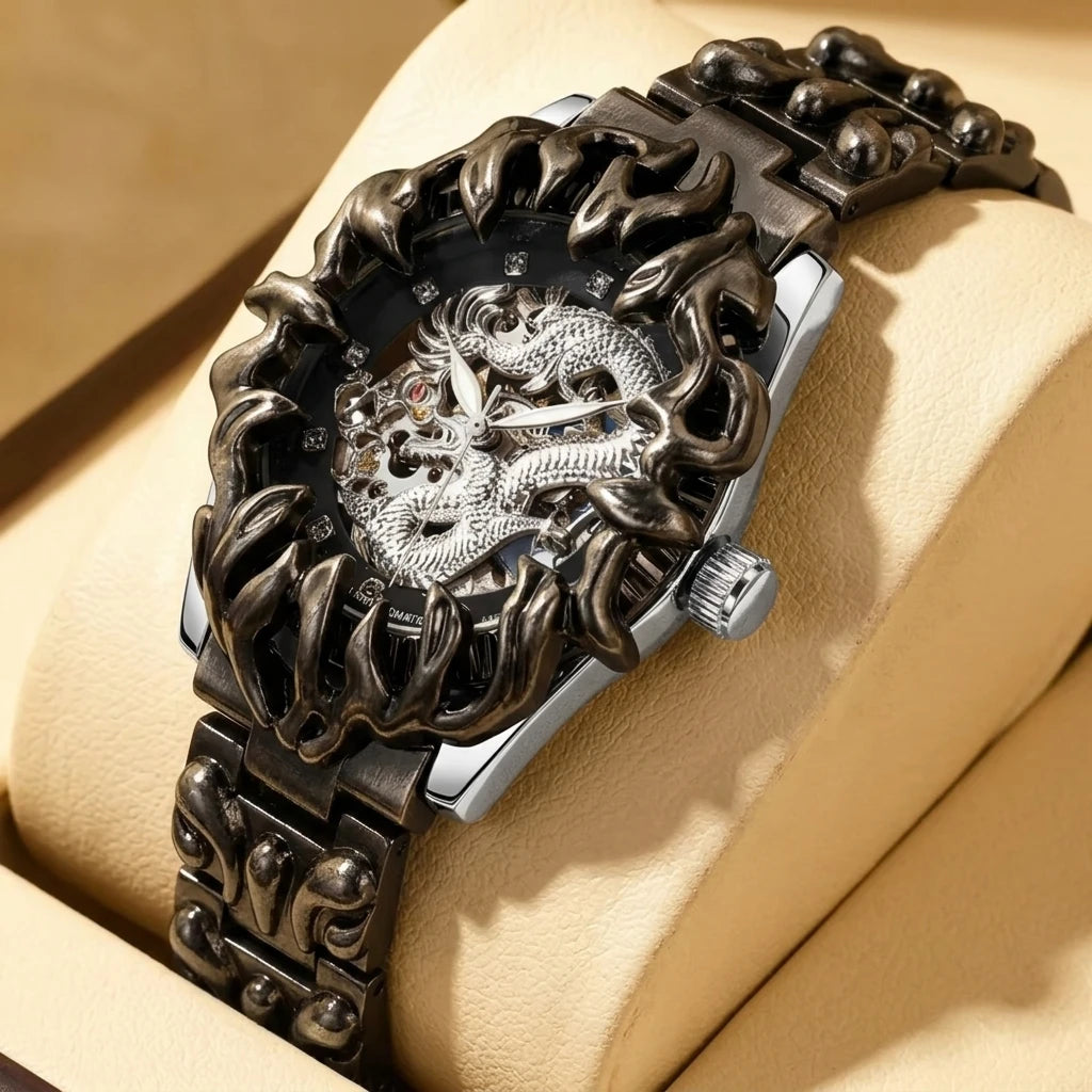 A men's black and gold steel strap casual niche carved dragon pattern mechanical watch