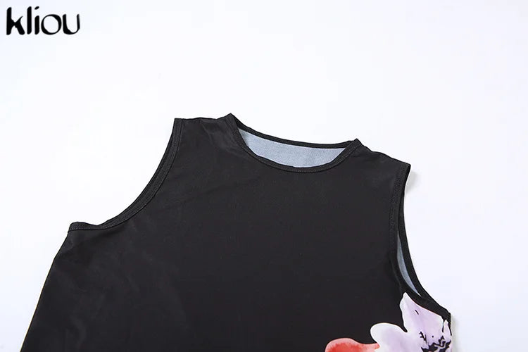 Kliou Vintage Folower Print Zweiteiliges Set für Damen, sexy, durchsichtige Netz-Weste + schmaler Rock mit hoher Taille, passende Outfits für Damen