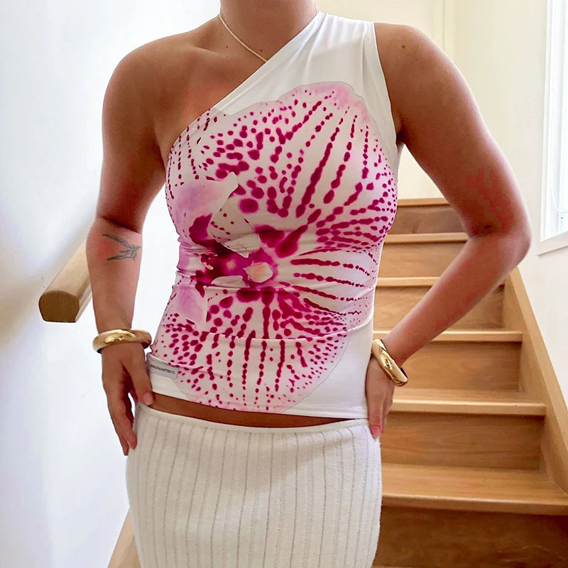 CUTENOVA Taillierte Oberteile mit Blumendruck, Damen, Resort Wear, grafische T-Shirts, Sommer 2024, lässig, One-Shoulder, Slash, rückenfreies Tanktop