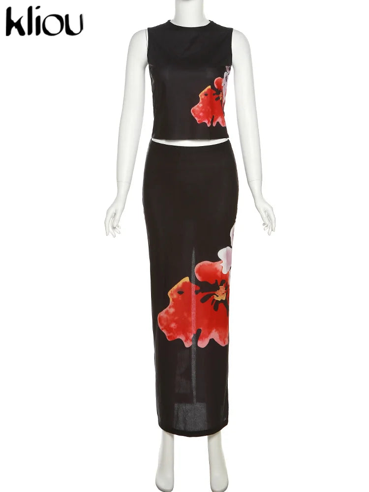 Kliou Vintage Folower Print Zweiteiliges Set für Damen, sexy, durchsichtige Netz-Weste + schmaler Rock mit hoher Taille, passende Outfits für Damen