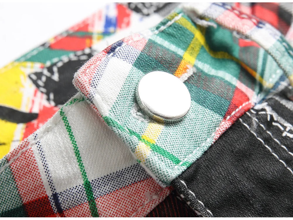 Männer Plaid Digital Print Jeans Mode Patches Patchwork Stretch Denim Hosen Schlank Gerade Hose