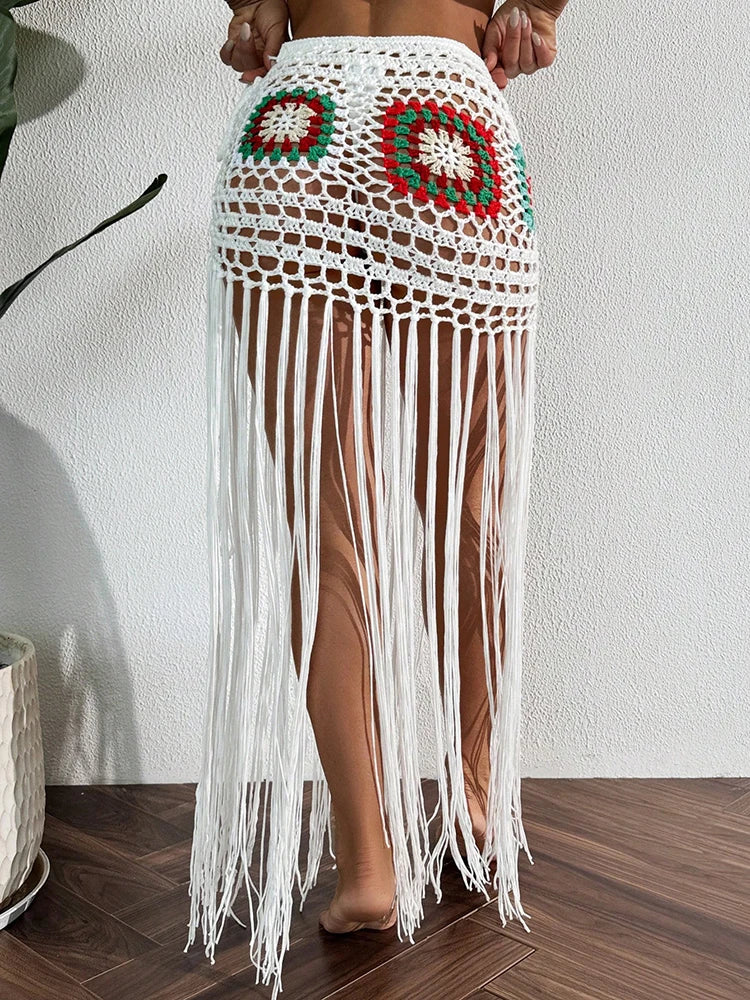 Crochet Tassel Bikini Cover Up Dress Beach Wear Women Tie Up Bather Bathing Suit Tassel Long Skirt Swimsuit Cover Up Beach Dress