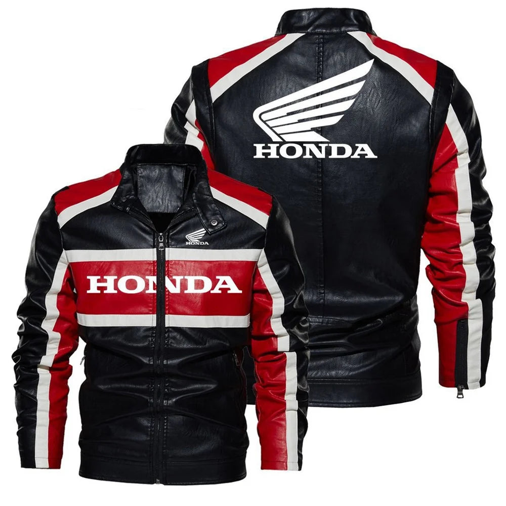 Honda leather jacket, stand-up collar, zipper design, contrasting colors, motorcycle windproof leather jacket, men's clothing