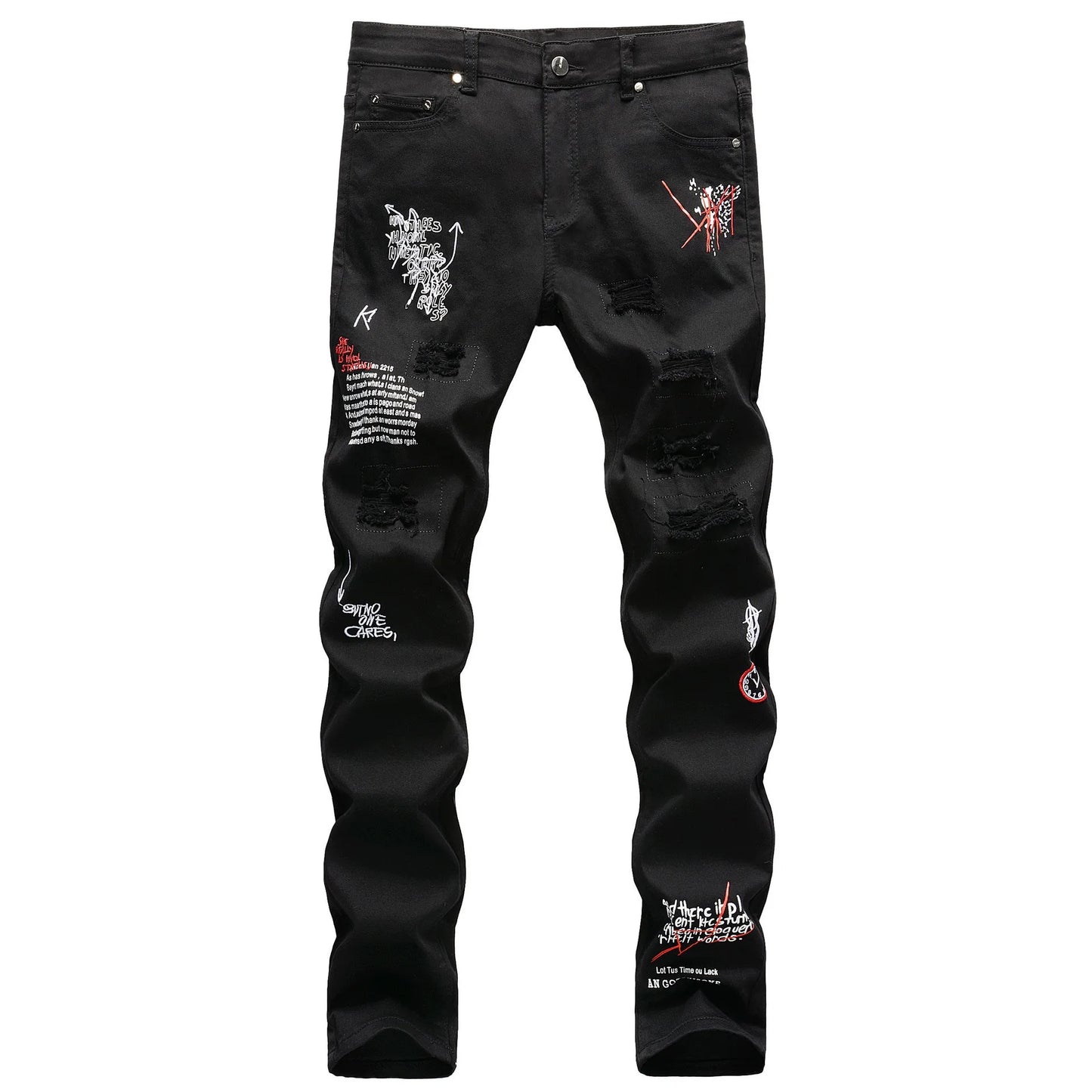 Fashion Embroidery Letters White Skinny Jeans Trousers Men Hip Hop Punk Casual Motorcycle Stretch Ripped Denim Pants Streetwear