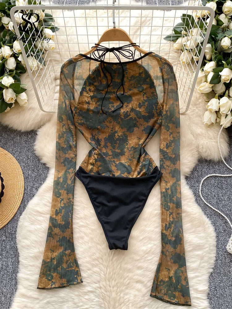 SINGREINY Halter Gauze Print Sexy Rompers Women Spliced Long Sleeve Playsuits Fashion Retro Open crotch Corset Ladies Bodysuits