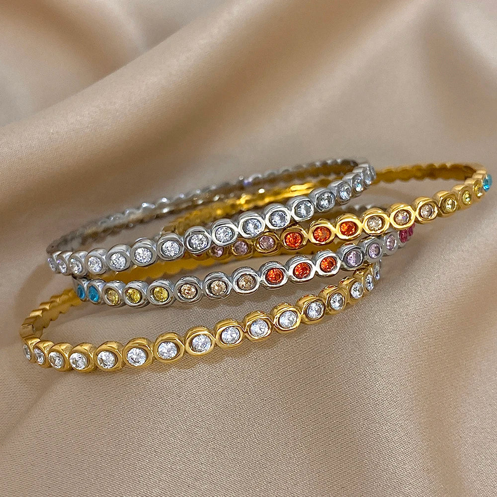 Colorful Rhinestone Beads Stainless Steel Bracelets for Women Fashion Gold Silver Color Stacked Cuff Bangle Waterproof Jewelry