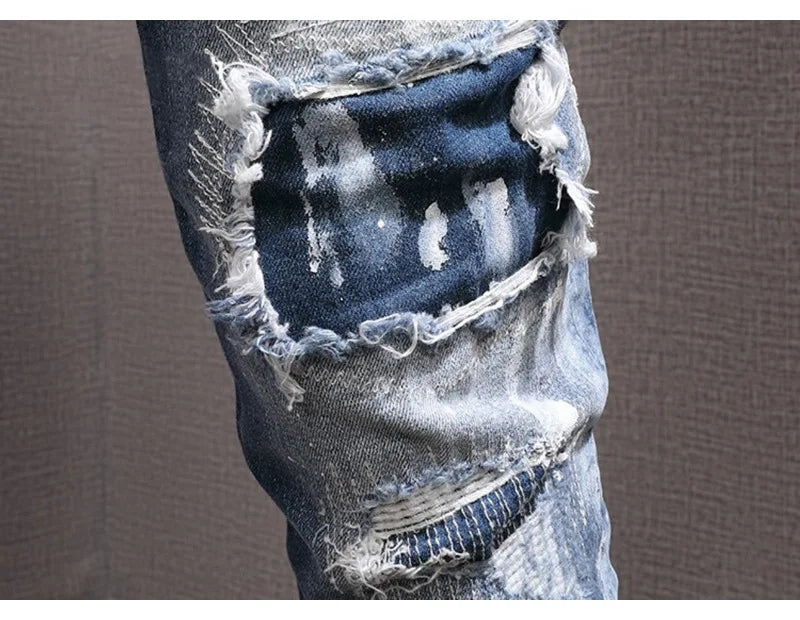 Retro Style Men's Slim Fit Jeans Distressed Hole Design Elastic Casual Long Pants Youth Trendy Street Style Straight Leg Jeans