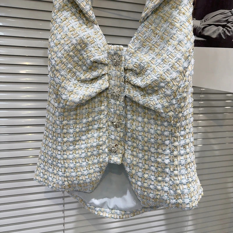 DEAT 2025 Summer New Fashion Two-pieces Set For Women Diamond Buckle Hanging Neck Vest Woven Tweed Short Skirt Female 11A04590