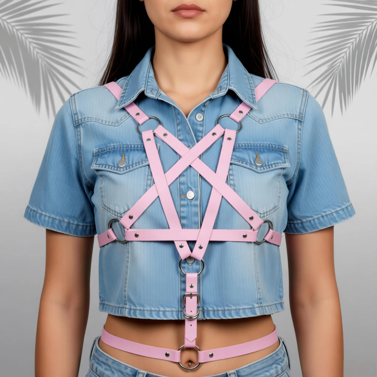 Leather Body Harness Belt, Pentagram Body Cage Harness Punk Grunge Kawaii Rave Pastel Pink,PU Leather Outfit Costume