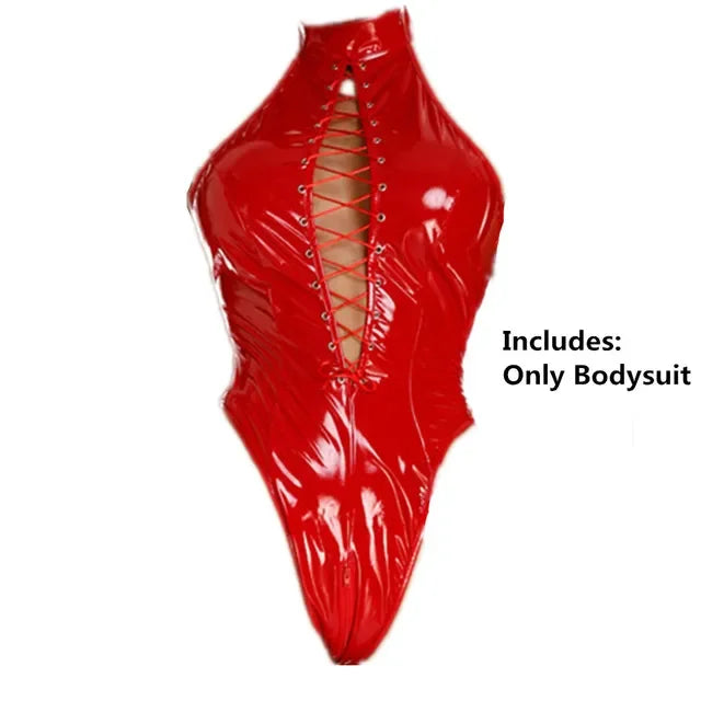 Womens Latex Catsuit Wet Look Lace-Up Body PVC Teddy Fetish Bodysuit Exotic Parties Night Club Wear Pole Dancing Full Set