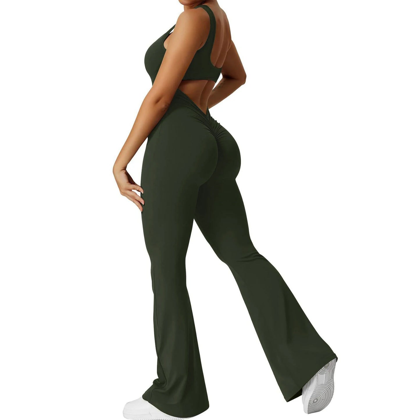 Women's Fitness Flared Bodysuit Sexy Backless Fitness Tight Waistband Hipless Yoga Bodysuit V Back Waistband Hip Lift