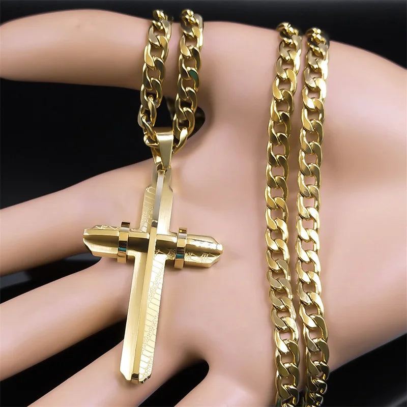 HNSP 316L Stainless Steel 3D Cross Chain Necklace Pendant For Men Jewelry Accessories Gold Silver Color
