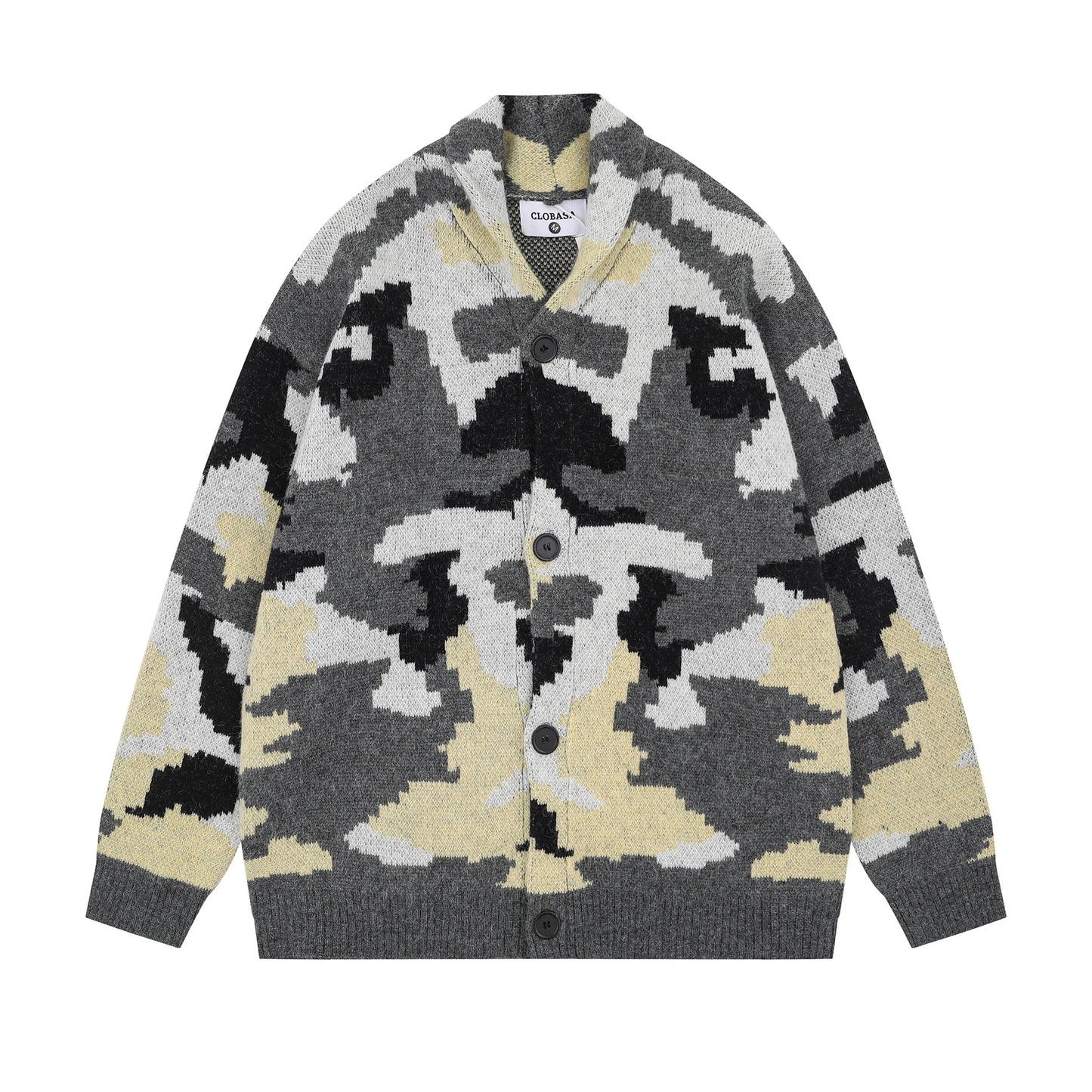 Vintage Camouflage Knitted Cardigan Jacket Autumn and Winter Print Button Stand Collar  Knitwear for Men Baggy Sweater Coat