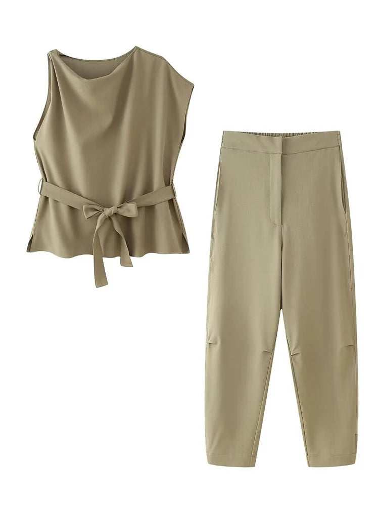 Women's Fashion Commuter Style Trouser Set Linen Blend Asymmetric Round Neck Top Pajama Style Mid Waist Trousers Womenswear