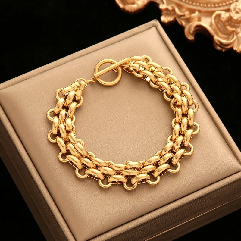 316L Stainless Steel Gold Color Cuban Chain Bracelet For Women Men Trendy Punk Waterproof Wrist Chain Jewelry Gift Party