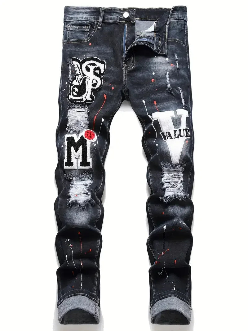 Men Y2K Stretchy Denim Jeans Ripped Skinny Letter Print Elastic Waist Casual Pants for Men Hole Slim Fit Denim Hip Hop Trousers