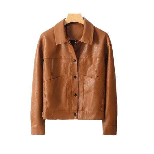 New Female Motorcycle Leather Jacket Spring and Autumn Women's Leather Lapel Button Slim Korean Version of Women's Coat