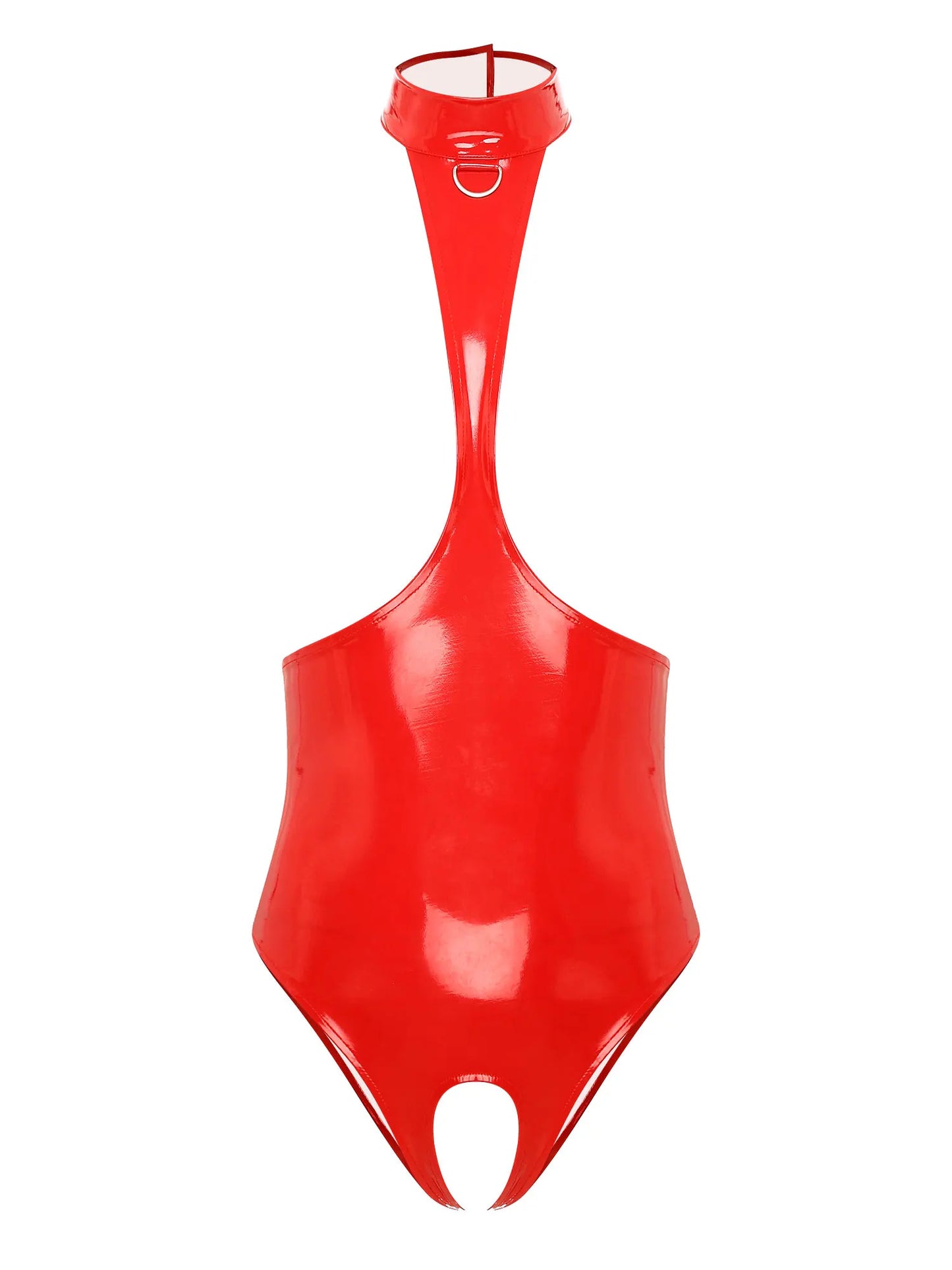 Womens Glossy Halter Cutout Crotchless Bodysuit And Bra Lingerie Set Open Chest Teddies Wet Look Faux Leather Rave Clubwear