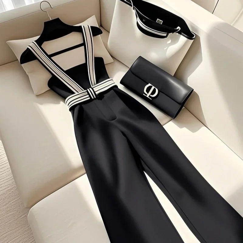 Korean Fashion Black Jumpsuit Women Elegance Strap Camisole Wide Leg Pant Jumpsuit Summer Frence Office Lady Design Style Formal