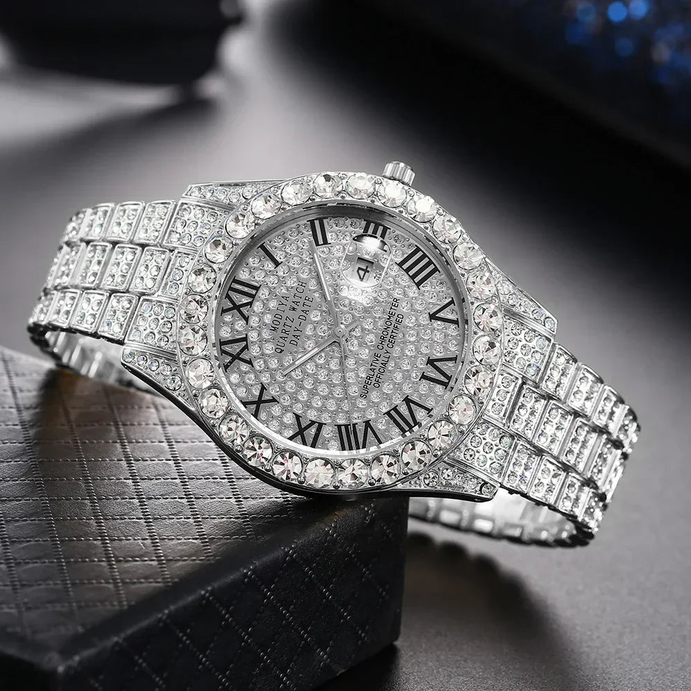 Diamond Bling Watch Men Gold Color Luxury Gift Quartz Watches Male Clock Dropshipping  Rhinestone Calendar Wristwatch