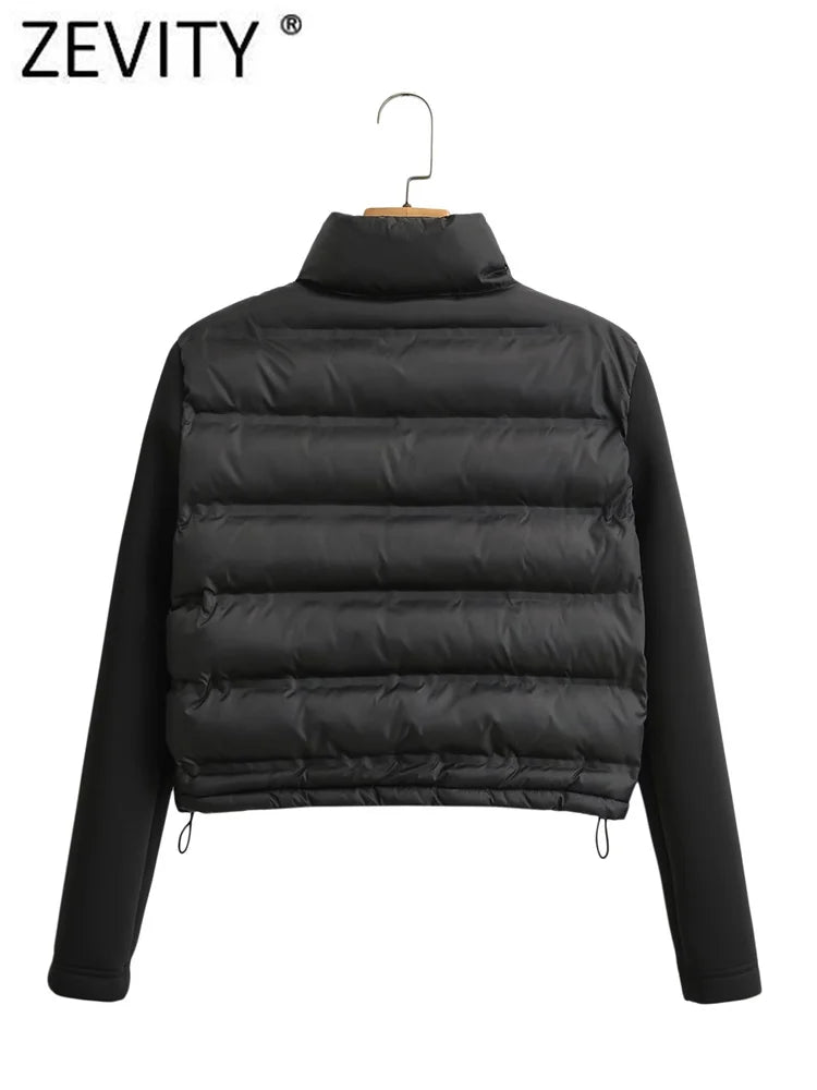 ZEVITY Women Fashion Stand Collar Long Sleeve Patchwork Quilted Cotton Jacket Coat Femme Outerwear Chic Zipper Short Tops