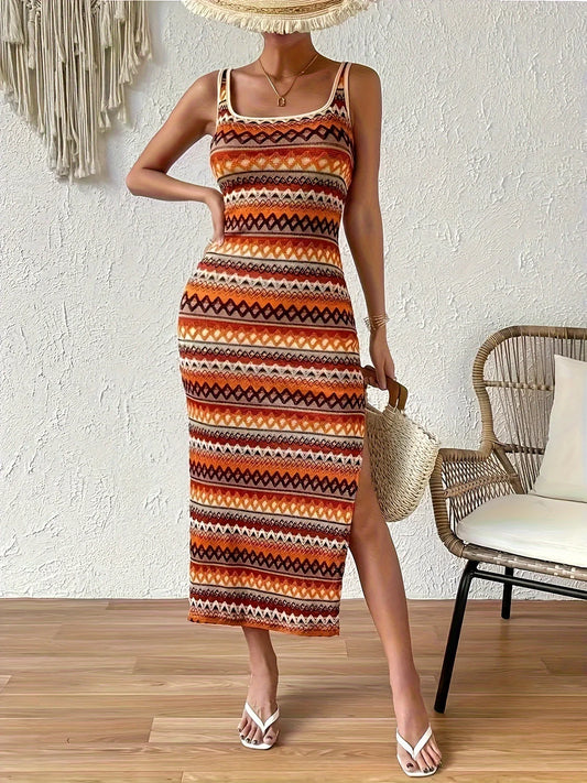 Geometric pattern tassel fashion simple dress elegant sleeveless slim dress spring and summer women