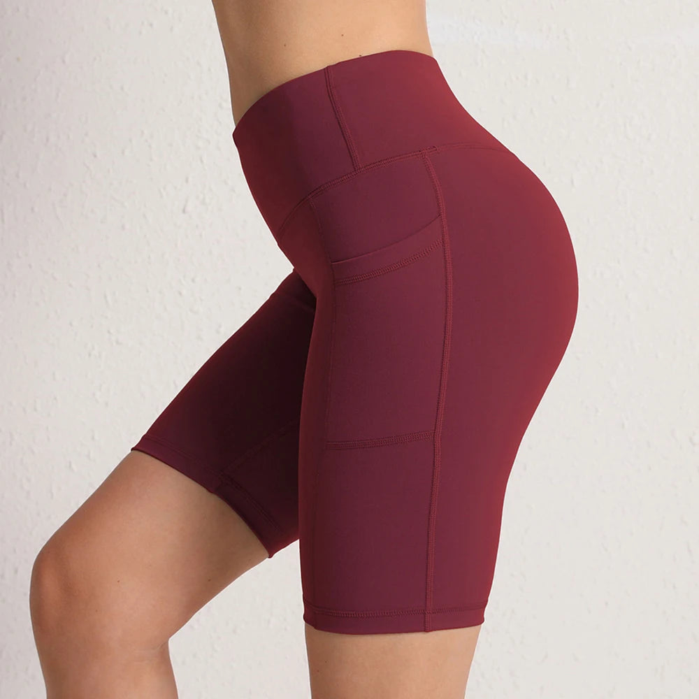 CHRLEISURE Nahtlose Yoga-Shorts für Damen mit Taschen, hohe Taille, Po-Lifting-Radhose, Push-Up-Sport-Tights, Sportbekleidung