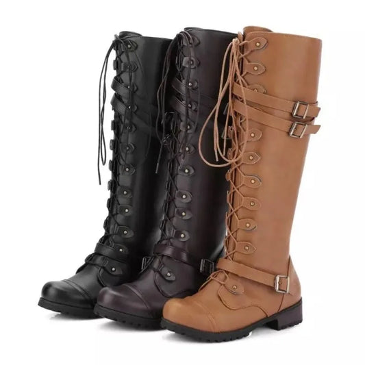 New Fashion Women Knee High Boots Brand Lace Up Platform Shoes Sexy with Buckle PU Retro Buckle Luxury Shoes Designer Snow Boots