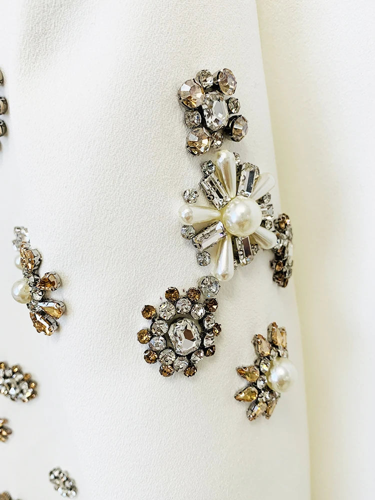 HIGH STREET Newest Fashion Designer Suit Set Women's Pearls Diamonds Rhinestone Beaded Trimed Jacket Flare Slit Pants Suit