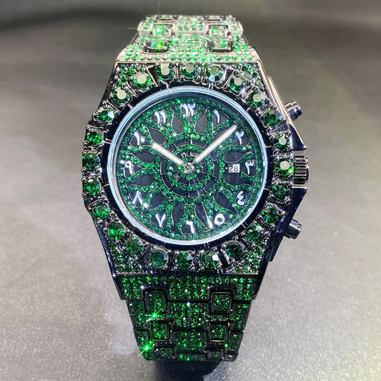 MISSFOX Hip Hop Wristwatch For Men Luxury lce Out Full Diamond Watches Fashion Green Watch Wterproof Week Display Clock 2025