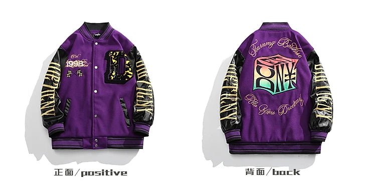 Herren Stehkragen Gespleißte Lederstickerei Wolljacken Trendy Street Hip Hop Hübscher Casual Loose Einreihiger Mantel