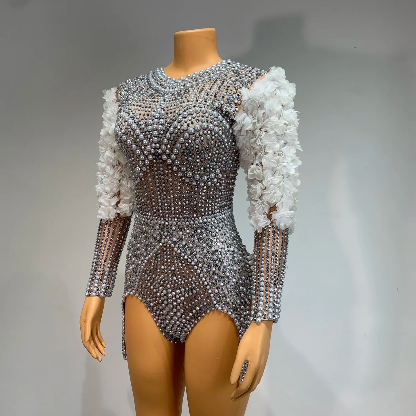 Shining Luxury Tight Bodysuit Women Sexy Pearls Rhinestone Flowers Stage Outfit Performance Dance Costume Nightclub Wear 2024