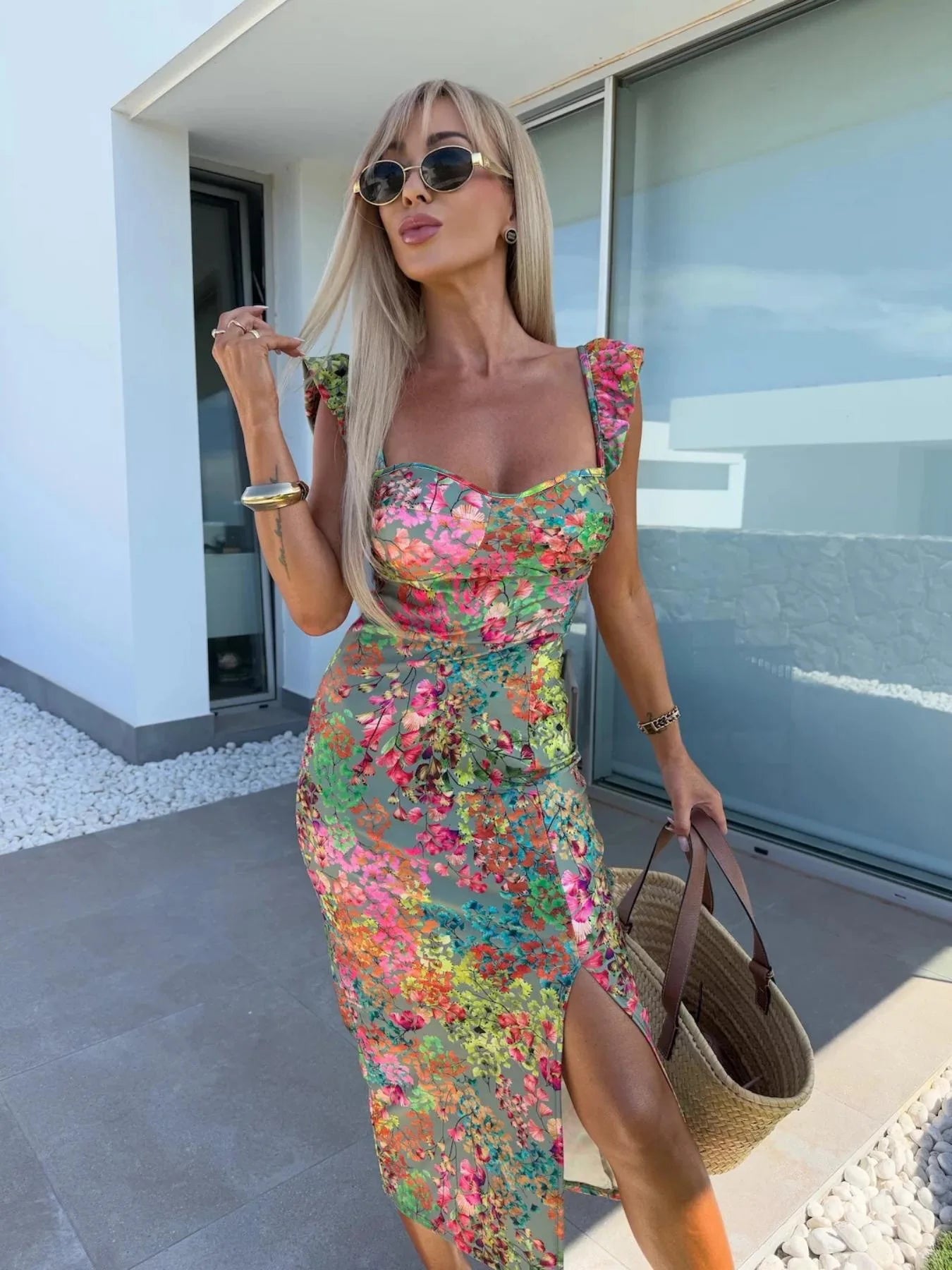 Summer new elegant design French floral camisole split midi dress for women