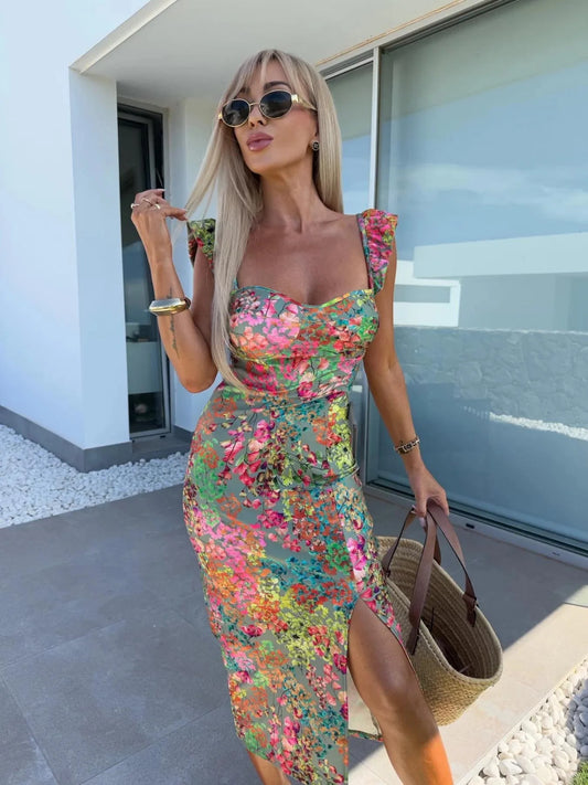 Summer new elegant design French floral camisole split midi dress for women