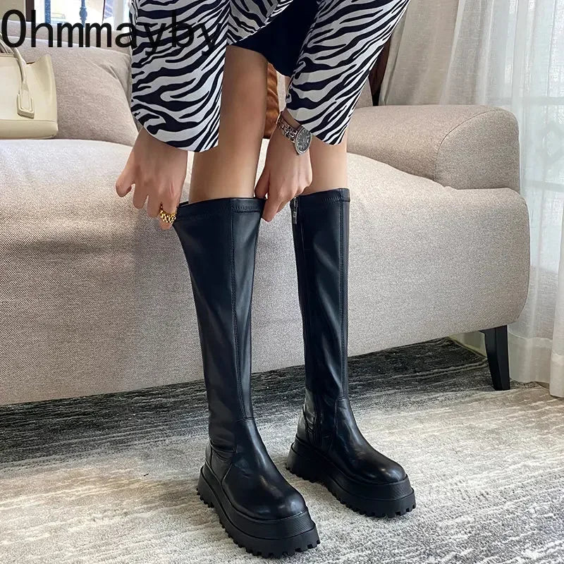 2025 Winter Chunky Platform Heels Long Boots Round Toe Zipper Thick Sole Ladies Fashion Winter Women's Knee High Boots