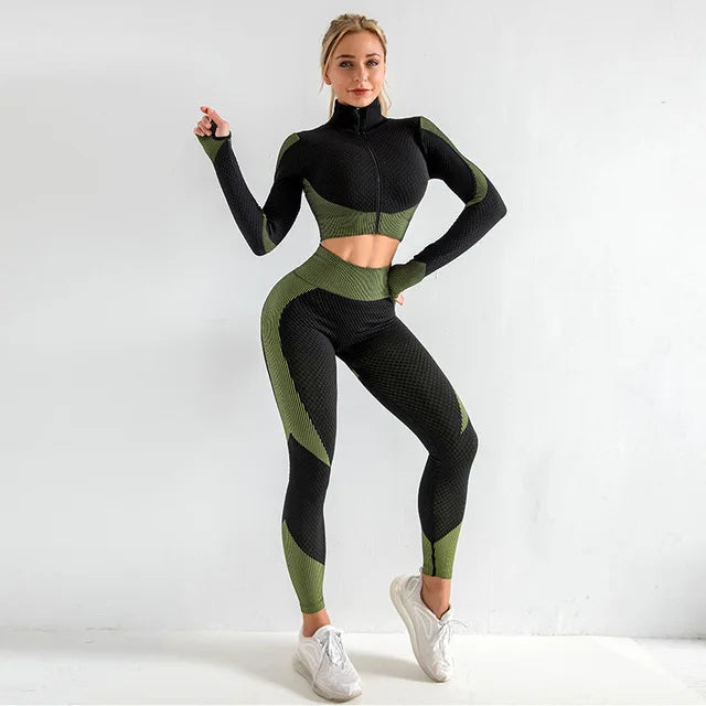 New  Spring Autumn Set Reticulate Stretch Fitness Seamless  Sportswear Suit For Women