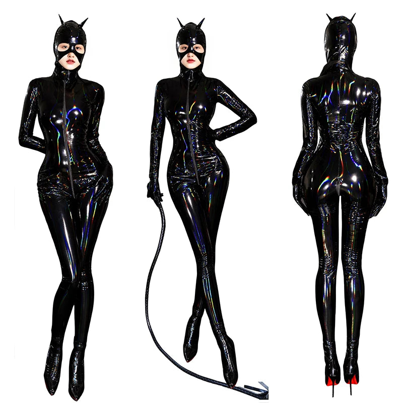 Adult Cat Girl Cosplay Costume Women Sexy Shiny Leather PU Zipper Open Crotch Bodysuit Tights One-piece Unitard Leotard Jumpsuit