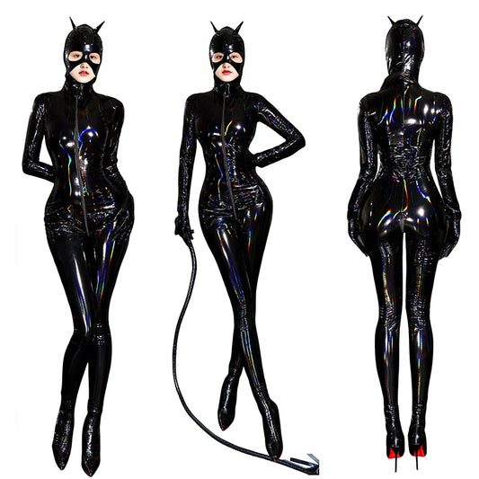 Adult Cat Girl Cosplay Costume Women Sexy Shiny Leather PU Zipper Open Crotch Bodysuit Tights One-piece Unitard Leotard Jumpsuit