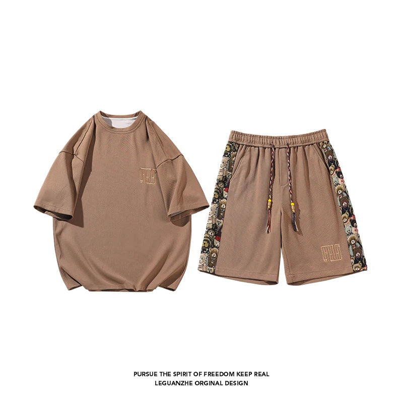 Summer New 4Colors Men Sets Casual Short-sleeved O-neck Tshirt Side Embroidery Knee-length Trousers Fashion Street Men Suits