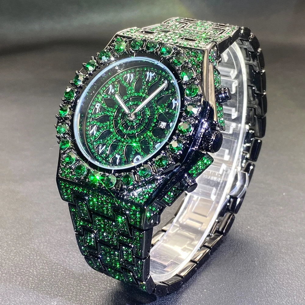 MISSFOX Hip Hop Wristwatch For Men Luxury lce Out Full Diamond Watches Fashion Green Watch Wterproof Week Display Clock 2025