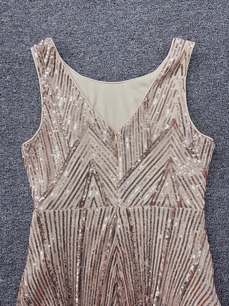 Neues Rundhals-Abendkleid für Damen in wunderschönem Roségold mit Pailletten und langem Meerjungfrauenrock, Abendkleid, Vestido Coctel Vestido