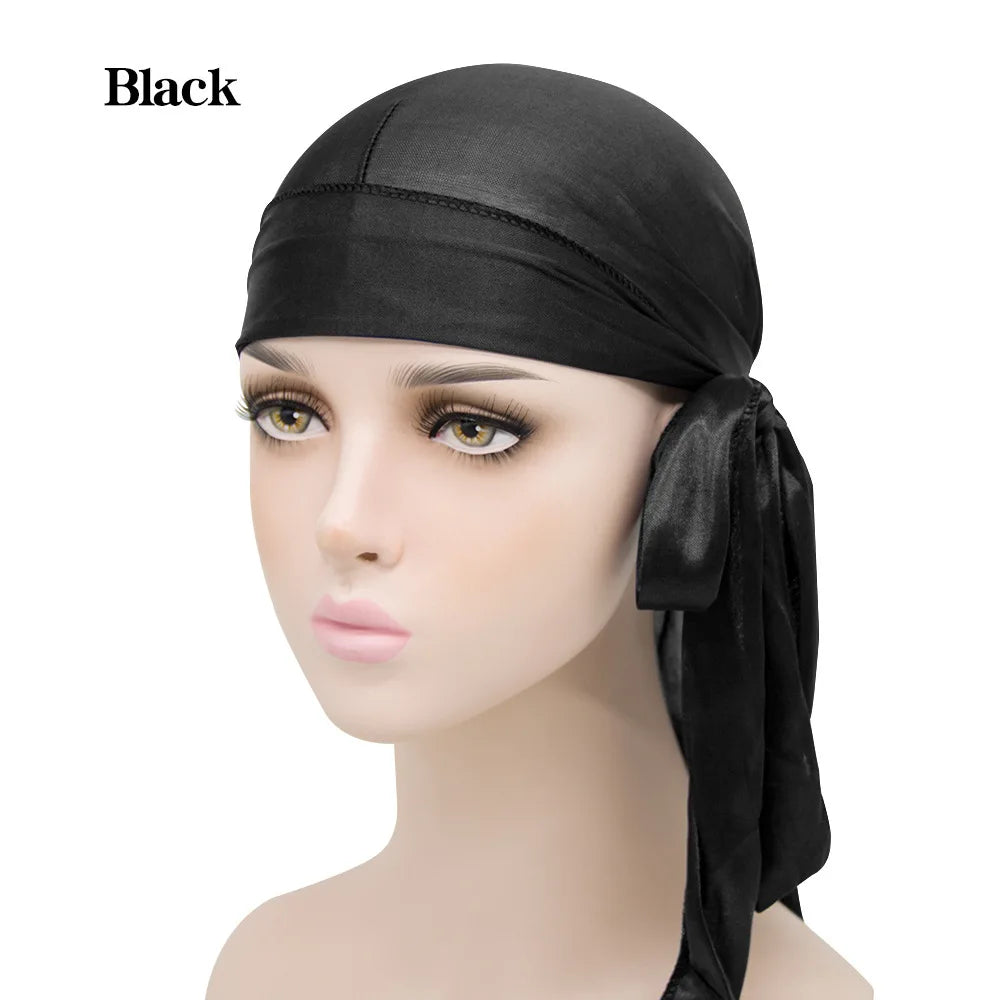 2024 Neue Satin Durag Turban Motorhaube Perücken Durag Biker Headwrap Piratenhut Kappe für Männer Haarschmuck Lange Schwanzriemen Bandanas