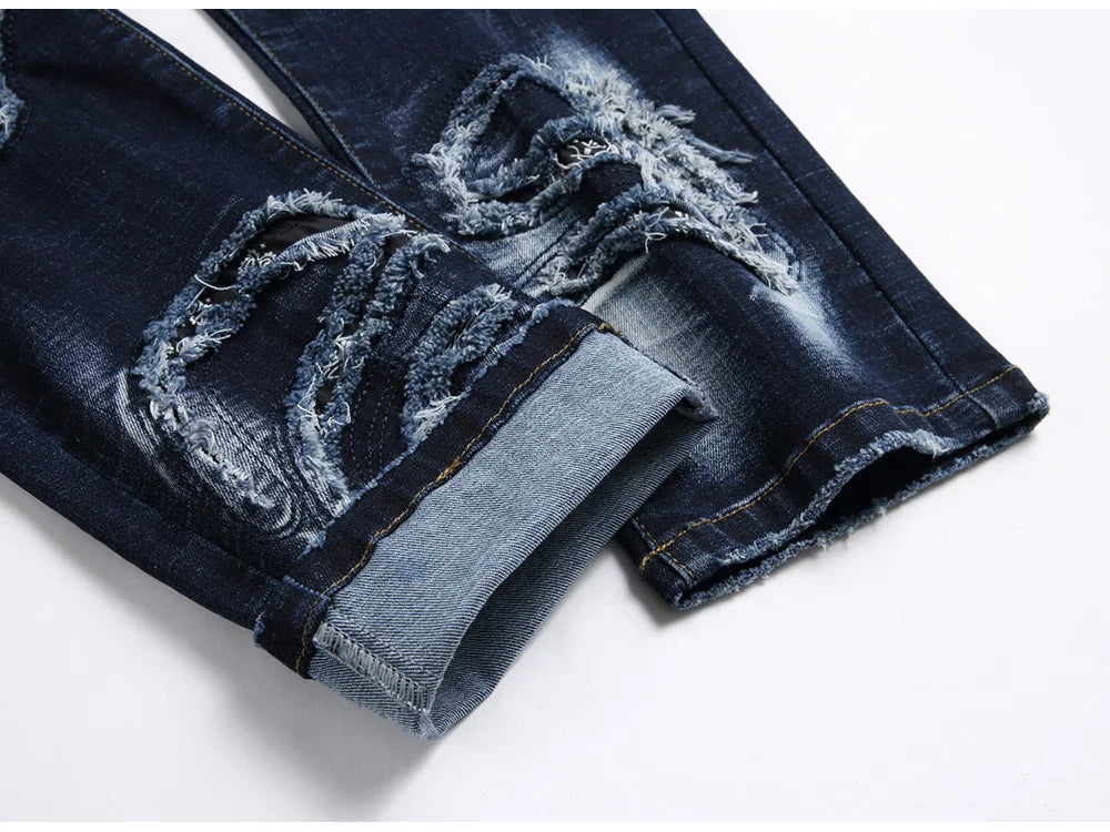Men Patchwork Denim Jeans Holes Ripped Distressed Dark Blue Stretch Pants Casual Fringe Slim Straight Trousers